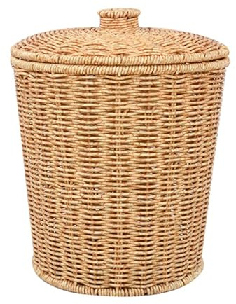 HOMSFOU Cubo de Basura de Ratán Sintético con Tapa, Redondo Khaki | Pp, Gran Capacidad y Fácil Limpieza, Compatible con Bolsas, para Oficina y Dormitorio