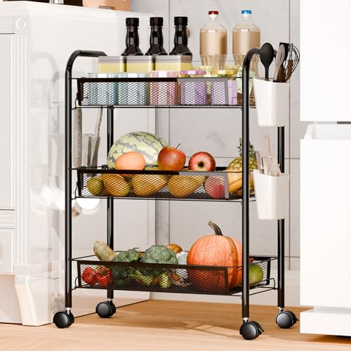Makamsui Cesto portaoggetti per frutta e verdura, 5 ripiani, impilabile, in rete metallica, con ruote a 360 gradi, carrello portaoggetti per cucina, dispensa, bidoni ventilati (3 strati nero)