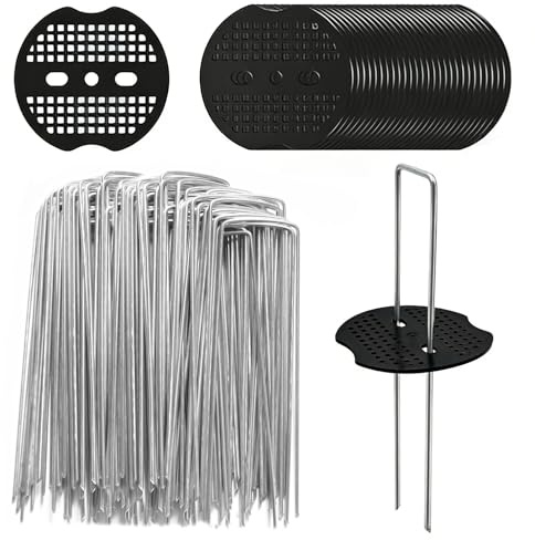 LXBCTOP 60 ganci in tessuto non tessuto per erbacce, 60 picchetti + 60 dischi tamponi (150 x 40 mm, Ø 2,5 mm), zincati a forma di U, per pacciamatura erba artificiale, campeggio