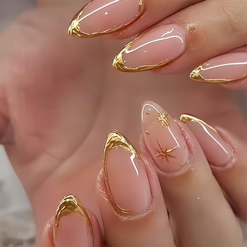 OuryTech Ongles en Amande à Presser, 24 Pièces Faux Ongles à Coller et Ongles Artificiels, Ongles à Presser en Amande avec French Manucure et Design Ligne d'Or 3D pour Femmes (Type D)