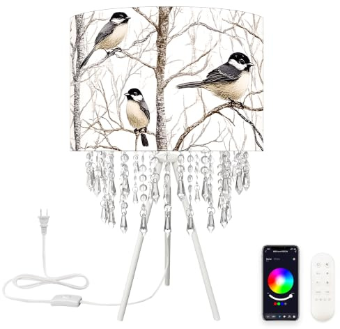 Smart Tripod Table Lamp with Bird Drum Shade, Boho Bedside Lamp with Acrylic Droplets, Dimmable Color Changing E27 LED Bulb Included, Works with Alexa & Google Assistant for Bedroom