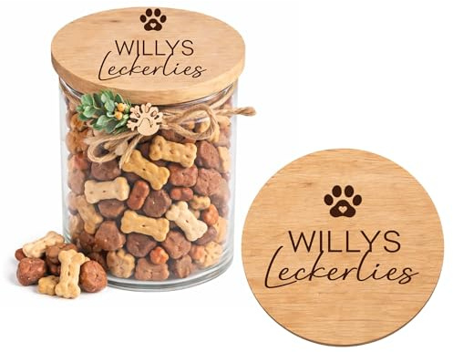 DwieDeko - Personalisiertes Leckerli Glas mit Name – Hundefutter Aufbewahrung luftdicht – Futterdose Hund & Katze mit Holzdeckel – Geschenk für Hundebesitzer – 1200 ml
