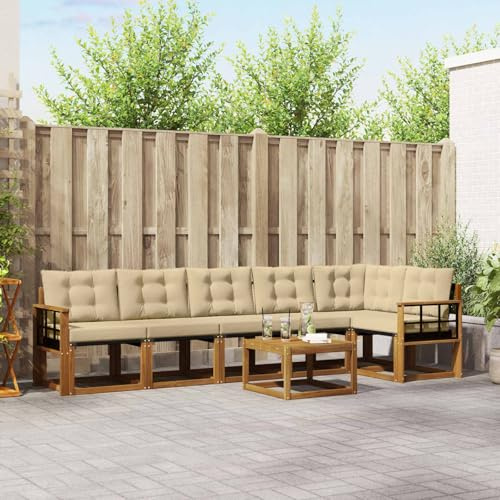 Ensemble de canapés d extérieur 7 pcs Naturel et Beige Salon Jardin canapé Angle Table Bois Acacia Massif Coussin résistant intempéries déco terrasse Piscine Moderne Confortable