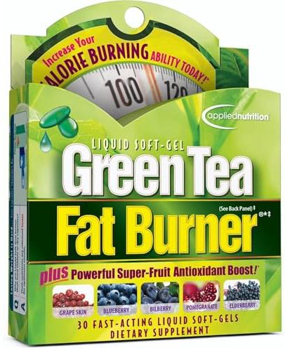 Applied Nutrition Green Tea Fat Burner – Green Tea Extract with EGCG + Green Coffee Bean Extract – Supports Metabolism, Energy & Antioxidant Defense – Fast-Acting Liquid Soft-Gels – 30 Count