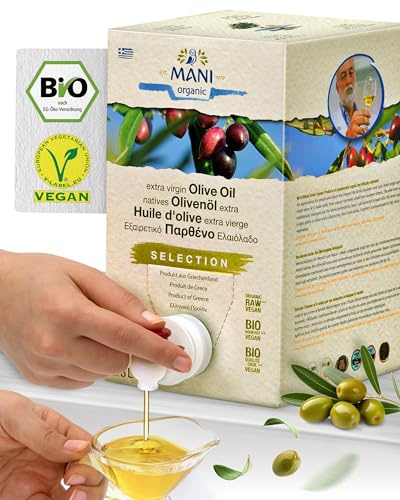 MANI Bio Olivenöl Nativ Extra 3L aus Koroneiki Oliven kaltextrahiert | Griechisches Premium Olivenöl, Bag-in-Box, naturbelassen, fruchtig-mild, vegan und ideal für Salate, Dips & warme Küche