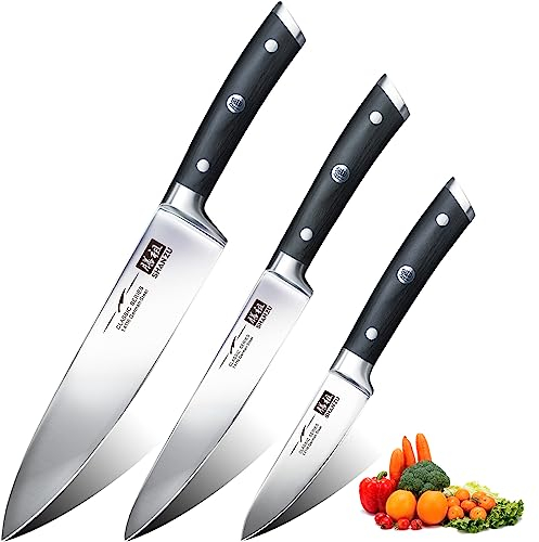 SHAN ZU Juego de 3 Piezas de Cuchillos de Cocina, Cuchillo de Chef 20cm de Acero Inoxidable Alemán, Cuchillo Universal 15cm, Cuchillo Puntilla para Pelar 9,5cm, Cuchillos para Fruta y Verdura, Carne
