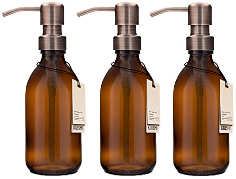 Kuishi Juego de Tres Bombas de Vidrio marrón ámbar Botella de 250 ml con Bomba de Bronce de Acero Inoxidable, Dispensador de jabón Recargable ecológico, Decoración de baño Elegante