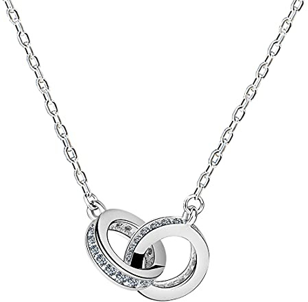 Yaneno Double Circle Necklace for Women 925 Sterling Silver CZ Zirconia Crystal Interlocking Infinity Pendant Necklace (White)