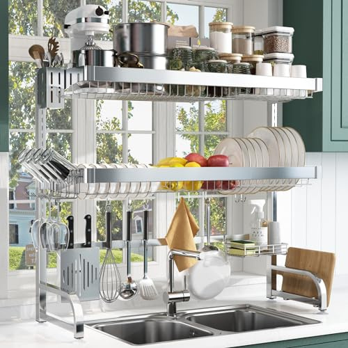3 Tier Extra Large Stainless Steel Expandable Over The Sink Dish Drainer Drying Rack, Rust Proof Metal, Space Saving, Modern Black Big Capacity Extendable Plate Strainers Above The Kitchen Counter