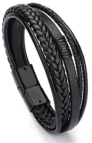 Branets Mens Bracelet Cowhide Leather Genuine Unisex Cuff Wrap Bracelet Braided Multilayer Magnetic Clasp Rope Wristband Bracelet for Men and Women