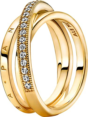 Pandora Signature Ring überkreuztes Pavé, Dreifachring, 14-karätig vergoldet, mit klarem Cubic Zirkonia