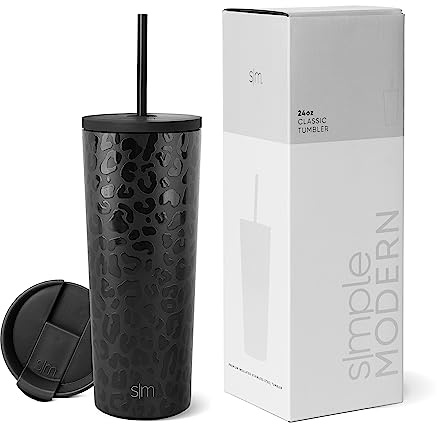 Simple Modern Bicchiere Termico con Cannuccia e Coperchio,Bicchiere Di Caffè Bottiglia D'Acqua Riutilizzabile Acciaio Inossidabile Tazza di Caffè per Viaggi,Classic Collezione,710ml,Black Leopard