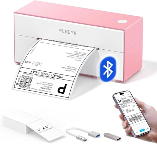 MUNBYN Bluetooth Thermal Label Printer, Wireless 4x6 label printer, Desktop Printer, for Shipping Packages Postage Small Business, for Etsy, Shopify, eBay, Amazon, Royal Mail, FedEx, ITPP129, Pink
