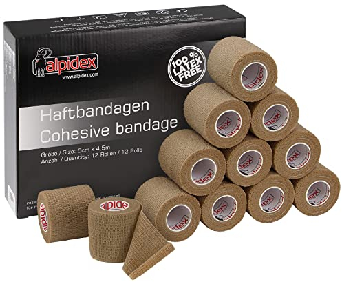 ALPIDEX 12 Rollen Haftbandage 5 cm x 4.5 m Selbstklebender Verband Pet Bandagen Fixierband Sport Vet Wrap Tape Selbsthaftend, Farbe:beige