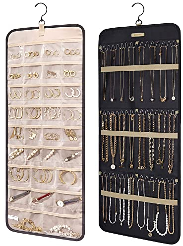 bagsmart Schmuck-Organizer zum Aufhängen, Aufbewahrungsrolle mit Aufhänger, Metallhaken, Doppelseitiger Schmuckhalter für Ohrringe, Halsketten, Ringe an Schrank, Wand, Tür, 1 Stück, Medium, Schwarz