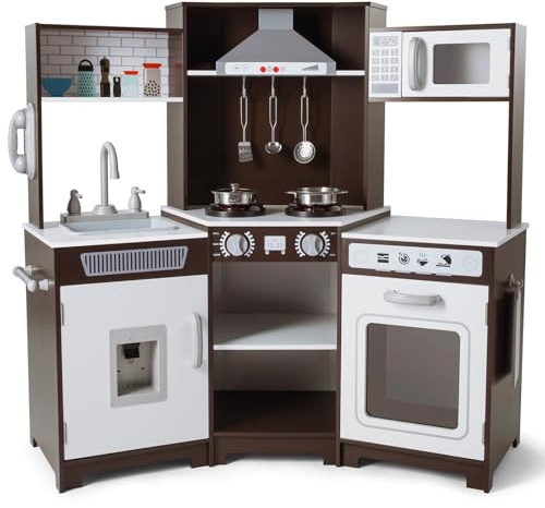JOYLDIAS Kids Corner Play Kitchen w/Realistic Lights & Sounds,Wooden, Brown