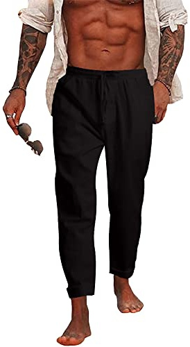 NANAMEEI Leinenhose Herren Sommerhose Lang Baumwolle Slim Fit mit Taschen Elastischer Bund