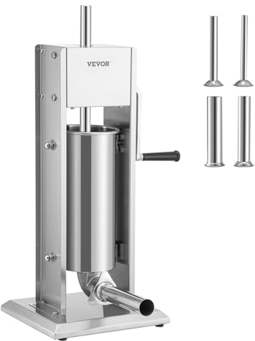 VEVOR Insaccatrice Manuale Verticale per Salsiccia in Acciaio Inossidabile 5Litri, Macchina per Insaccare Salsicce in Modo Manuale Capienza da 5L in Acciaio Inossidabile 4 Tubi di Riempimento Inclusi