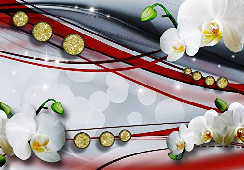 wandmotiv24 Fototapete Diamant weiße Orchidee Rot, 300 x 210 cm - selbstklebende Strukturtapete, Wanddeko, Wandbild, Wandtapete, Gelb, Grau, Blumen M1555