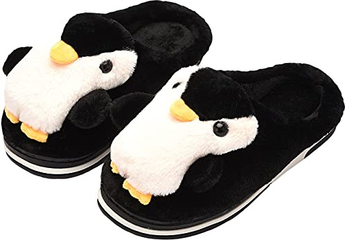 LANFIRE Zapatillas de algodón para niños grandes y adultos, zapatillas de Pingüino para el hogar, zapatillas de felpa, zapatillas de animales, zapatos de mujer (Black, numeric_41)