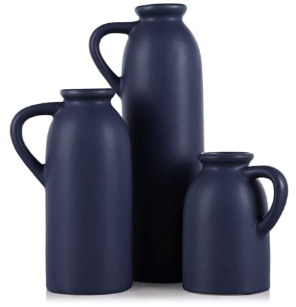 Set di 3 vasi a brocca in ceramica blu - Vasi centrotavola blu navy per fiori per casa, cucina, soggiorno, decorazioni per la tavola, accenti per ufficio e sala da pranzo, vaso blu per decorazioni