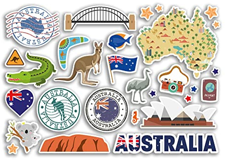 A5 Aufkleberbogen Australien Sehenswürdigkeiten Vinyl Aufkleber – Australische Karte Flughafenstempel Skyline Flagge Reisen Urlaub Land Stadt Ästhetik #80289