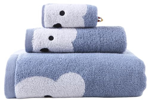 KINGSHORE 3 Piece Premium Bath Towel Set for Kids(Naughty Bear), 1 Bath Towel 1 Hand Towel 1 Washcloth, Quick-Drying, 100% Cotton，Oeko-TEX Certified (Blue)