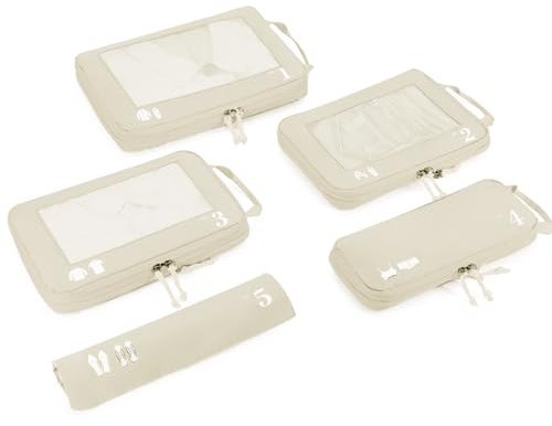 ECOHUB 5 Set Compression Packing Cubes for Suitcases Organiser Bags Travel Accessories with Shoes Bag Tear-resistant Travel Cubes with ID Tag Expandable Packing Bags(Beige)