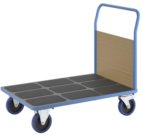 eurokraft | Plattformwagen mit Holzwänden | Vollelastik-Rollen | 1 Stirnwand | Ladeflächen-LxB 1200 x 800 mm