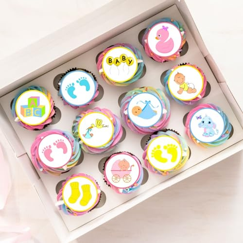 PRECUT Baby Shower Cupcake Toppers, Gender Reveal Cake Topper, Pastel Edible Cupcake Toppers, Babies Pink and Blue Decorations for Cookies, Boy or Girl Cake-Topper (Pack of 24-3cm Discs)