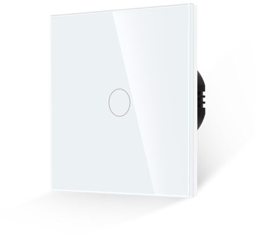 JIMEIDA Touch Light Switch 1 Gang 1 Way Tempered White Glass Panel Wall Switch and Screwless Glass Plate with LED Backlight,No Neutral Wire Required,500W,AC 240V
