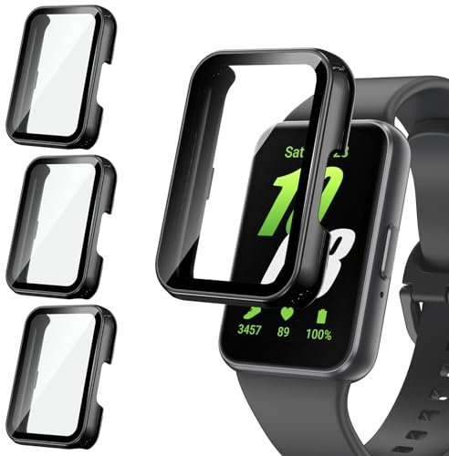 [3Pack] Kamita Screen Protector Case Compatible with Samsung Galaxy Fit 3, Full Coverage Hard PC Bumper Cases with Tempered Glass Film, Shockproof Protective Cover for Galaxy Fit3 (Black*3)