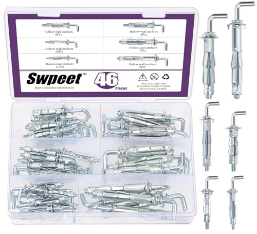 Swpeet 46Pcs M4X32mm M4X38mm M5X37mm M5X52mm M6X52mm M6X65mm L-Shape Heavy Duty Hollow Wall Anchor Set, Hollow Drive Wall Anchor Screws Assortment Kit for Drywall Hollow Wall Plaster Walls