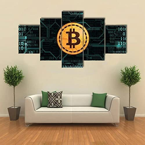 5 Teilig Bilder Wandbild Leinwandbild Cartoon-Bitcoin-Denkmal 150 X 100 Cm / 59,05 X 39,37 Zoll Moderne Wohnzimmer Wanddekoration Deko Kunstdruck-Wanddekoration Design Wand Bild -5T7U/E5O9-2D5H/N3N1-9