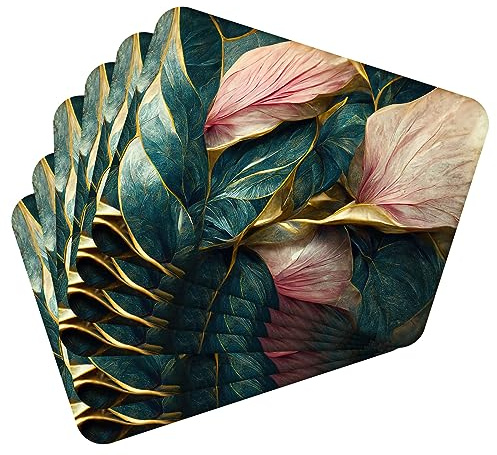 MG Design Set di 6 tovagliette in sughero – Leaves with gold 1 – 30 × 40 cm – resistenti al calore, antiscivolo e facili da pulire, con base in sughero naturale