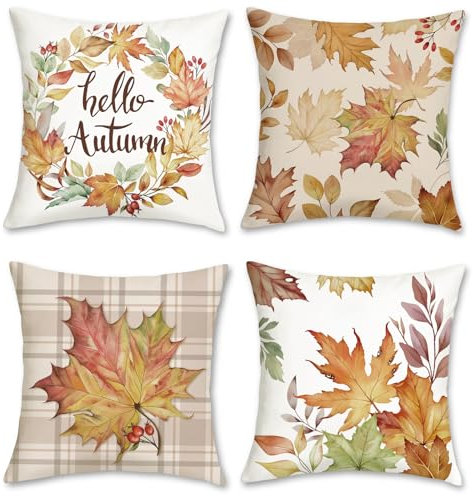 Bonhause Fundas Cojines Otoño Hojas 45 x 45 cm Funda de Almohada Corona de Hojas Plaid Terciopelo Suave Cojines Decorativos para Sofá Cama Hogar Jardín Juego de 4