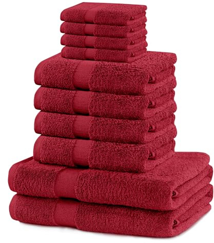 DecoKing 10er Set Baumwolle Qualität 525g/m² 4 Gästehandtücher 30x50 cm 4 Handtücher 50x100 cm und 2 Badetücher 70x140 cm dunkelrot weinrot rot saugfähig Marina