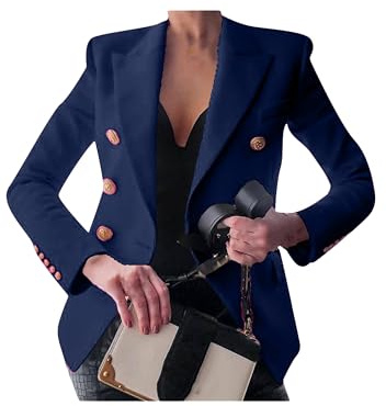 EFOFEI Donna Vita Quotidiana Blazer Leggero Blazer Classico Slim Doppio Petto Cappotto Ufficio Blu Navy L