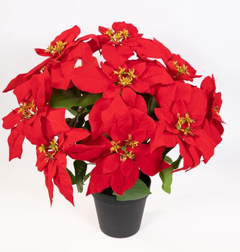 Seidenblumen Roß Großer Weihnachtsstern New Christmas rot im Topf mit 14 Blüten DP künstliche Blume Kunstpflanze Kunstblumen Poinsettie (42cm)