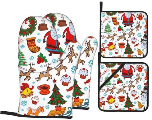 Ofenhandschuhe und Topflappen-Set, Weihnachtsmann, Schneemann, Weihnachtsbaum, hitzebeständig, Küchen-Backhandschuhe, rutschfeste Oberfläche zum Kochen, Backen, Grillen, Grillen