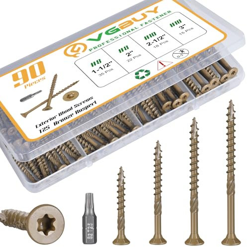 VGBUY 90Pcs Deck Screws, #8#10 Wood Screws Assortment Kit, Heavy-Duty Exterior,Star Drive,Bronze (1-1/2,2,2-1/2,3),T25 Star Bit