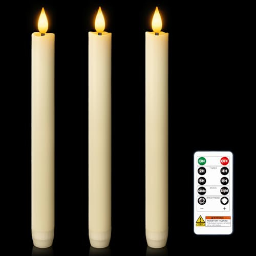 Homemory 3 Pcs Waxy Flameless Taper Candles with Remote, Flickering Battery Operated Taper Candles, Led Flameless Candlesticks Classic Tall Candle for Home, Wedding, Party, Ivory, 9.6 inches