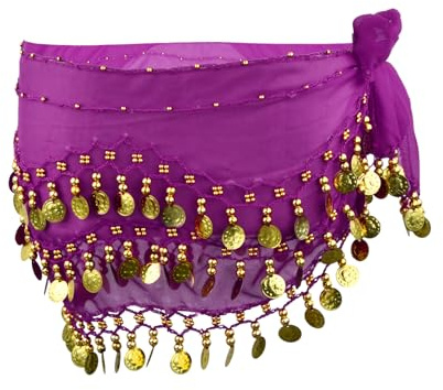 Damen Bauchtanz Gürtel, Professionelles Bauchtanz Kostüm Chiffon Hüfttuch mit 128 Goldene Münzen, Tanztuch Bauchtanz Rock (DE/NL/SE/PL, Alphanumerisch, Einheitsgröße, Regular, Regular, Lila)