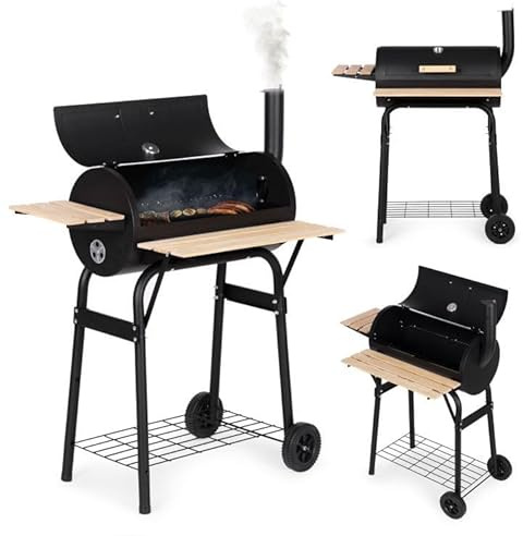 Stor trädgårdsgrill med termometer, skorsten, modern grill på hjul, kraftig träkol utomhus matlagningsstation, rökare och utomhusspis
