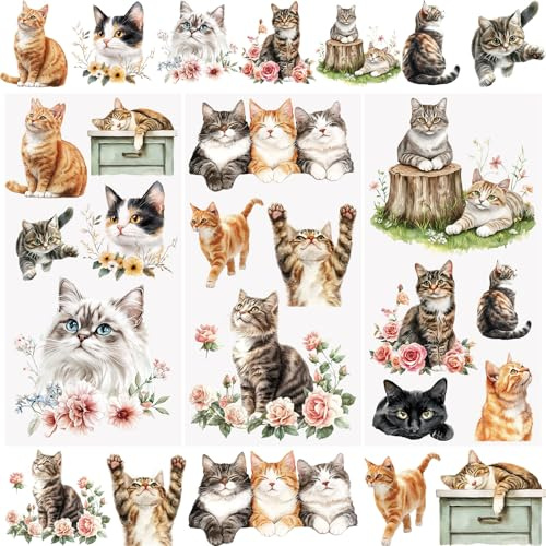 WANDIC 3 Sheets Cats Flowers Rub on Transfer Stickers Waterproof Cosy Kittens Transfer Decals Kitty Animal Stickers for Crafts Furniture DIY Crafts Decoration,15 * 30cm