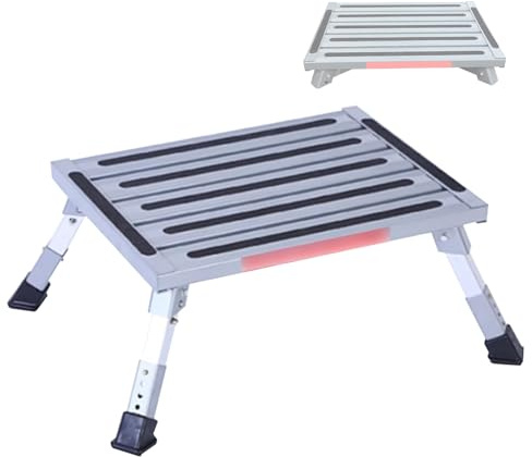 Trittstufe Klappbar, Höhenverstellbar, Manuelle RV Schritt, Rutschfeste Oberfläche, Gummifüße, Struktur aus Aluminiumlegierung, Trägt Bis Zu 150 Kg, für Wohnmobile, Wohnwagen, Pools, Whirlpools(480x37