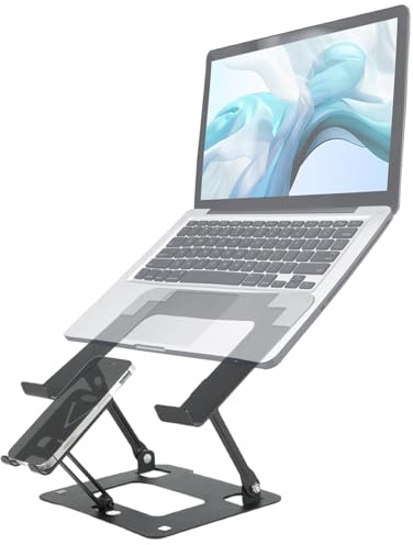 Soporte Portátil Ajustable 10–17,Elevador Portátil Ergonómico 2 en 1 con Soporte para Teléfono, Plegable y Antideslizante, Fabricado en Acero al Carbono, Ideal para Oficina, Casa y Viaje (Negro)