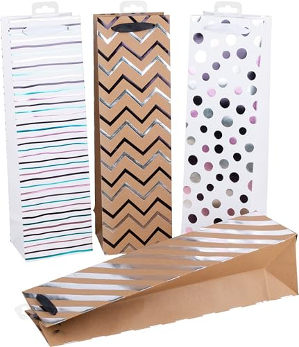 HEKU Premium Flaschentaschen Streifen & Punkte mit Hotfoil-Veredelung, 4 Stück | 40x12x10cm I Ideal für Wein & Spirituosen I Umweltfreundlich & Wiederverwendbar