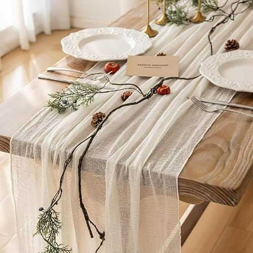 Haquno Bohemian Cotton Table Runner Tablecloth - Rustic Wedding Table Decoration for Bridal Showers, Birthdays and Celebrations (90x300cm) - Eco-Friendly Cotton, Reusable (Off-white)