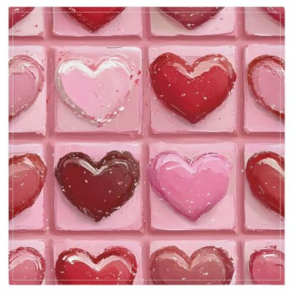 Set di 6 tovaglioli di stoffa per San Valentino, motivo: mattonelle d'amore, colore rosso, tovaglioli, lavabili, riutilizzabili, in poliestere, per cene in famiglia, feste, vacanze